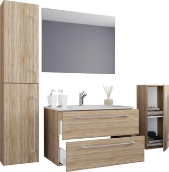 VCM Vcm - 5pcs Set 1 Lavabo Con Dos Cajones, 1 Espejo, 1 Lavabo, 1 Midischrank, 1 Gabinete Alto Lavabo De Cer&aacute;mica Gabinete Inferior Colgante 80 Cm Set De