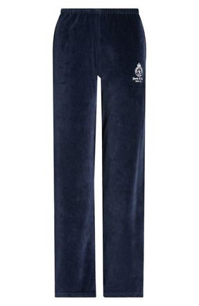 Sporty & Rich Crown Tennis Velour Sweatpants in Dark Navy/Ecru at Nordstrom, Size X-Small