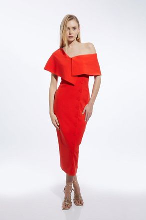 Karen Millen Womens Tall Compact Stretch Off Shoulder Button Through Tailored Midaxi Pencil Dress - Red - Size 6 UK