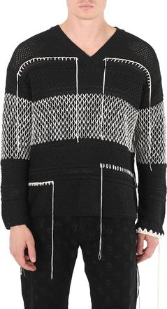 Roberto Cavalli Mens Black / Beige V Neck Stripe Sweater, Size Medium