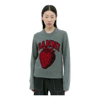 Ganni Round-neck Knitwear, female, Gray, Size: L Graphic Strawberry O-Neck Sweater