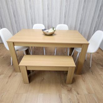 Kosy Koala Kosy Koala - Wooden Dining Table Set for 6 Oak Effect Table With 4 White Gem Patterned Chairs and 1 Bench