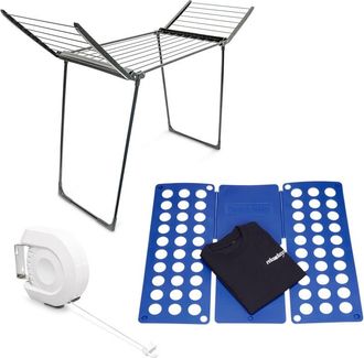 Relaxdays Juego De 3 Piezas Para El Hogar, Tendedero Plegable, 13 M De Secado, Cuerda Extensible, Tabla Para Plegar Ropa