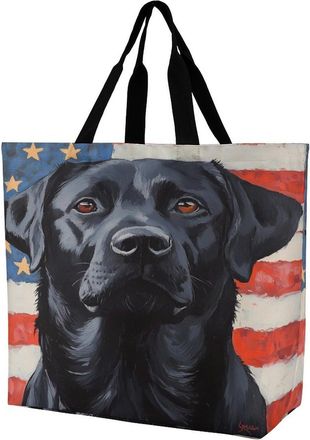 Generic Labrador With Flag Tote Bag Reusable Grocery Shopping Bags Large Travel One Shoulder Handbag for Picnic Work