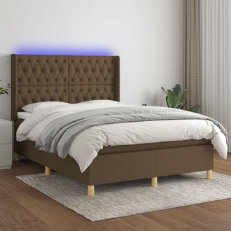 vidaXL Cama Box Spring Colch&oacute;n Luces Led Tela Marr&oacute;n Oscuro 140x190 Cm Vidaxl