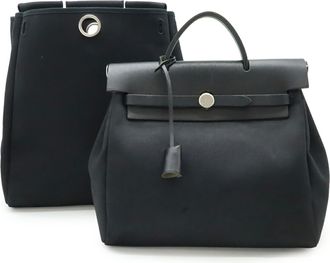 Herm&egrave;s Black Toile Officier Leather Backpack (Pre-Owned)