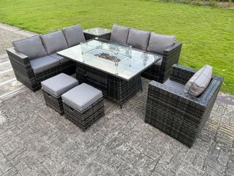 Fimous Outdoor Rattan Garden Corner Furniture Gas Fire Pit Table Sets Gas Heater Lounge Chair in Dark Grey