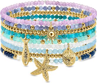 Ross-Simons Multi-Gemstone and 14kt Yellow Gold-Plated Jewelry Set: 9 Bead Stretch Bracelets With Sea Life Charms