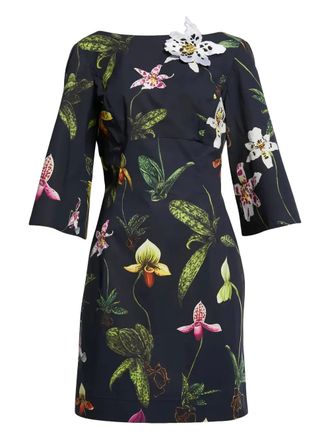 Oscar De La Renta orchid-print bell-sleeve mini dress - women - Elastane/Cotton - 0 - Blue