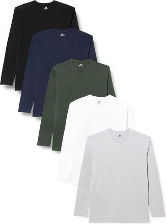 Lower East Basic Mens Long-Sleeved T-Shirt, Pack of 5, White/Black/Grey/Blue/Green, XXL