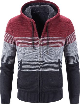 Generic Mens Hoodie Knitted Cardigan Fleece Lined Knit Sweater Jacket Full Zip Long Sleeve Chunky Knitwear Drawstring Hoody Jumper Autumn Winter Thick Warm Co