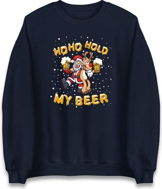 Generic Ho Ho Hold My Beer Christmas Sweatshirt,Santa Claus With Reindeer Beer Party Christmas Jumper Navy
