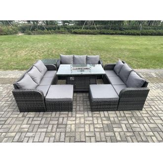 Fimous Outdoor Rattan Furniture Garden Dining Set Gas Fire Pit Table With Side Table Lounge Sofa 2 Big Footstool - Fimous