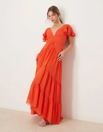 Asos flutter sleeve ruched maxi dress with hi low hem in spicy red