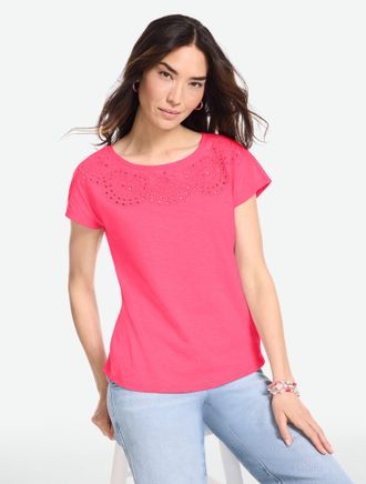 Talbots Plus Petite - Eyelet Seashell T-Shirt - Vibrant Pink - 2X - 100% Cotton Talbots