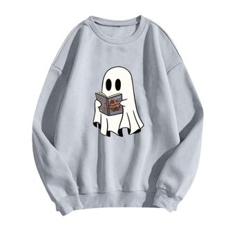 Generic Halloween Sweatshirts for Women Ghost Reading Books Sweater Cute Spooky Bookish Shirt Fall Pullover Tops 2024 Fall