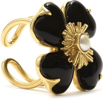 Goossens Tr&egrave;fle ring - unisex - Agate/Freshwater Baroque Pearl/24kt Gold Plate/Brass - 51 - Black