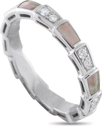 Luxury Bazaar Serpenti 18K White Gold 0.41ct Diamond and Mother of Pearl Ring BV17-011926