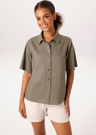 Aniston Kurzarmbluse ANISTON CASUAL, Damen, Gr. 42, gr&uuml;n (schlamm), Web;Leinenmischung, Obermaterial: 55% Leinen, 45% Viskose, unifarben, figurumspielend h&uuml;ft