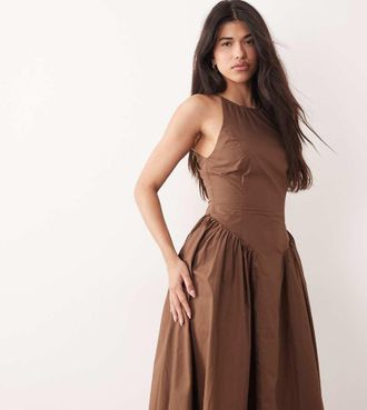 KAIIA Esclusiva Kaiia - Vestito lungo in popeline di cotone marrone con scollo a vogatore e vita raccolta