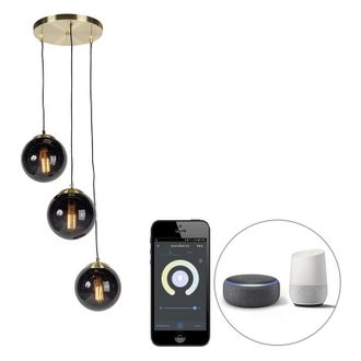 QAZQA Qazqa - Smart Pendant Light Brass with Black Glass 3-Light Incl. Wifi ST64 - Pallon