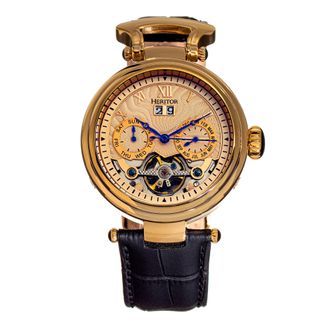 Heritor Ganzi Semi-Skeleton Leather-Band Watch