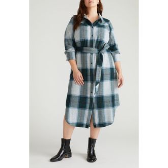 Universal Standard Morgan Long Sleeve Stretch Flannel Midi Shirtdress in Mate Green Plaid at Nordstrom, Size 3Xl
