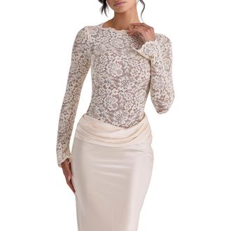 House of CB Ellie Long Sleeve Lace Bodysuit in Vintage Ivory at Nordstrom, Size X-Small