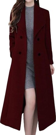 Generic Womens Fall Winter Long Wool Pea Coats Double Breasted Notched Lapel Trench Coat for Women Elegant Slim Overcoat, Wine Red, S