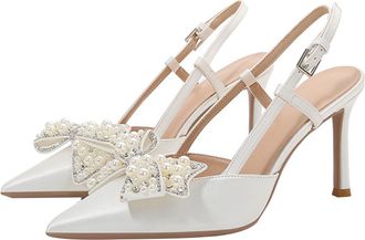 Generic Women Pointed Toe Stiletto High Heels 8.5CM Detachable Bow White Satin Lace Tulle Pearls Rhinestones Wedding Evening Party-Numeric_10_Point_5