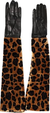 Dolce & Gabbana Brown Black Leopard Leather Elbow Length Mitten Womens Gloves