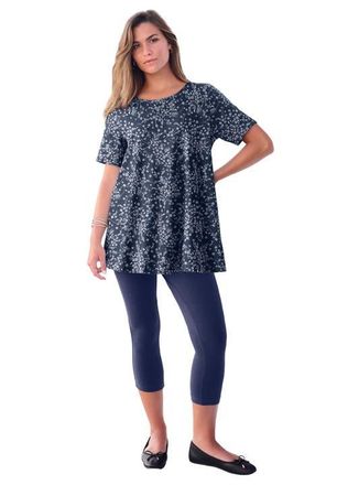 Roaman's Plus Size Ultimate Cotton Crewneck Short Sleeve Swing Tee in Navy Wispy Ditsy at Nordstrom, Size Small