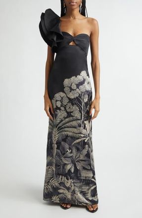 Johanna Ortiz Valley of Kings Silk Organza One-Shoulder Gown in Black /Ecru at Nordstrom, Size 4