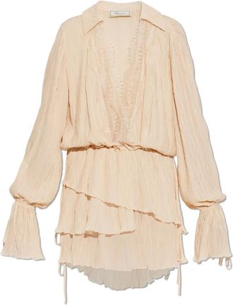 Blumarine Geplooide Jurk met Kantinzetstukken - Dames - Korte kleedjes - Beige - XS - Kleedjes