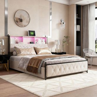 OEM Estructura De Cama 140x200 Cm De Terciopelo Beige Con Led, 4 Cajones, 2 Puertos Usb/type-c, Somier De Lamas