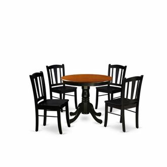 East West Furniture ANDL5-BLK-W - 5-Pc Kitchen Dining Room Set- 4 Dining Chairs and Kitchen Dining Table - Wooden Seat and Slatted Chair Back (Black Finish)