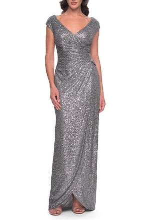 La Femme Sequin Evening Dress with Ruching and V Neckline in Silver at Nordstrom, Size 10