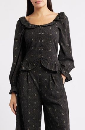 Bobeau Ruffle Trim Crop Button-Up Shirt in Navy/Curry Ditsy at Nordstrom, Size X-Large