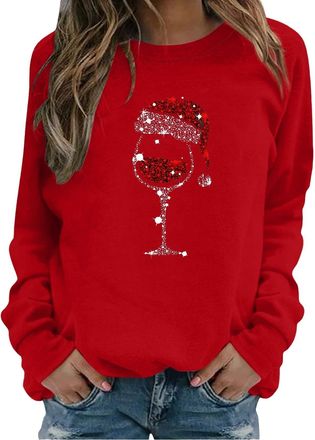 Generic Womens Funny Christmas Jumper 2025 Oversized Long Sleeve Festive Sweatshirt Glitter Wine Glass Print Xmas Jumper Sparkly Ugly Sweaters Holiday Pullove