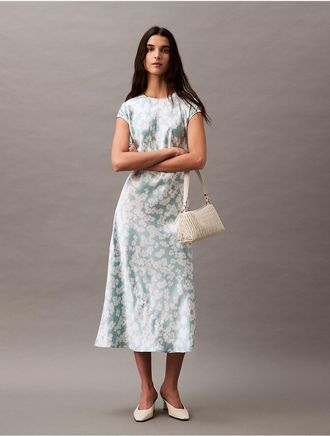 Calvin Klein Womens Crushed Satin Floral Sheath Dress - Blue - XS