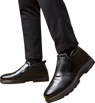 Generic Mens Fleece Leather Shoes Vintage Without Lacing Slip On Loafers Plain Toe Leather Shoe Block Heel Non Slip Boot High Top Footwear for Formal Business