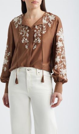 Kobi Halperin Franki Embroidered Cotton & Silk Top in Cacao at Nordstrom, Size Xx-Large