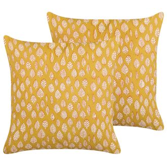 Beliani Conjunto De 2 Cojines De Algod&oacute;n Amarillo Mostaza 45 X 45 Cm Hoja Borlas Ginnala