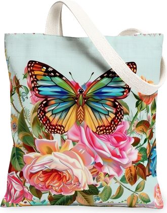 Generic Butterfly Floral Canvas Tote Bags, Colorful Flower Pattern Reusable Bags, Spring Vintage Chic Lightweight Washable Shoulder, Blue, 13x15 Inch