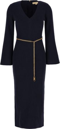 Michael Kors Wollen Midi-jurk met Riem - Dames - Kleedjes - Blauw - L - Wol - Kleedjes
