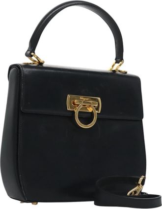 Ferragamo Gancini Convertible Top Handle Bag Leather Black Leather Handbag (Pre-Owned)