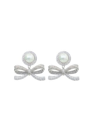 Self Portrait Silver Crystal Bow Pearl Earrings
