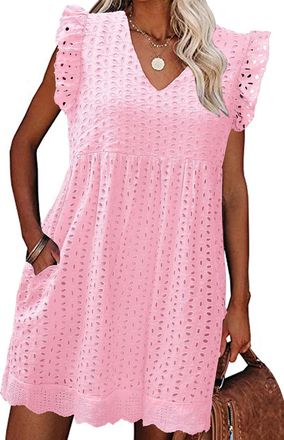 Heekpek Womens Summer Dress Casual V Neckline Ruffle Sleeve Loose Sleeveless Dress Boho Floral Sundress Beach Mini Short Dresses for Holiday Daily, Lightpink,