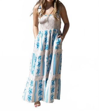 Peach Love California Floral Printed Cotton Poplin Shoulder Tie Maxi Dress In Blue