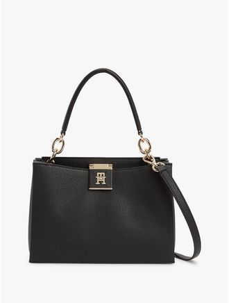 Tommy Hilfiger Womens Monogram Clasp Medium Satchel Bag - Black